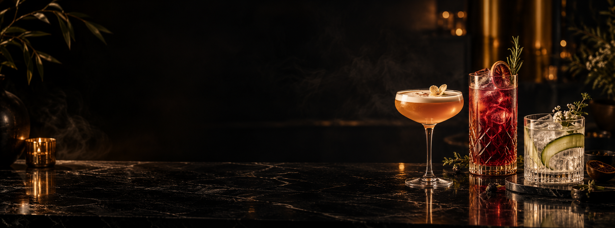 Drei hochwertig inszenierte Cocktails auf einer dunklen Bar
